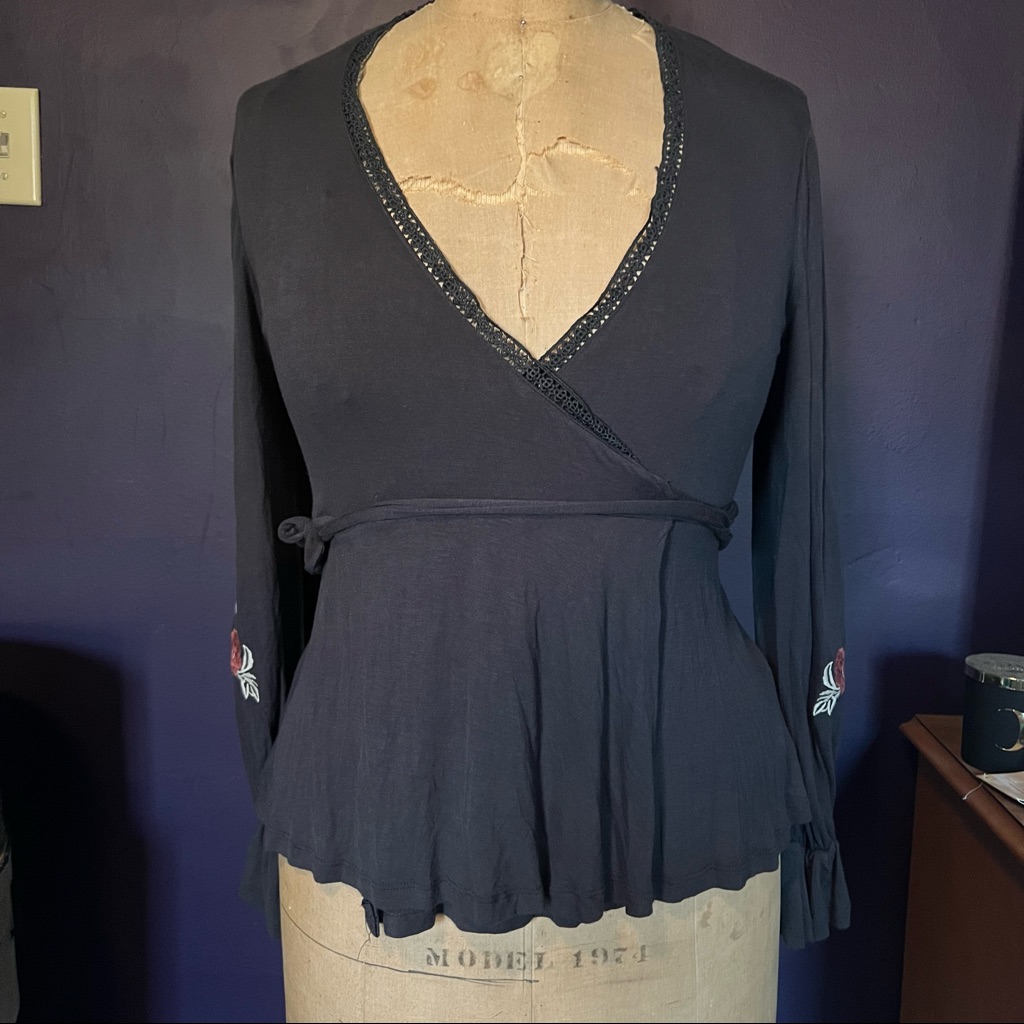 Altar’d State Gray Wrap Shirt With Embroidered Flowers On Sleeves